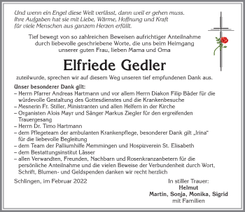 Traueranzeige von Elfriede Gedler von Allgäuer Zeitung, Kaufbeuren/Buchloe