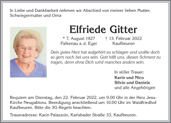 Traueranzeige von Elfriede Gitter von Allgäuer Zeitung, Kaufbeuren/Buchloe