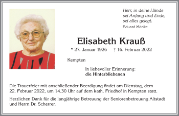Traueranzeige von Elisabeth Krauß von Allgäuer Zeitung,Kempten