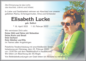 Traueranzeige von Elisabeth Lucke von Allgäuer Zeitung, Kaufbeuren/Buchloe
