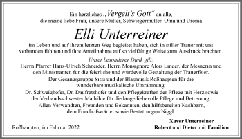 Traueranzeige von Elli Unterreiner von Allgäuer Zeitung, Füssen