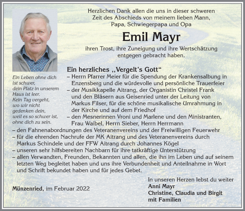  Traueranzeige für Emil Mayr vom 05.02.2022 aus Allgäuer Zeitung, Marktoberdorf