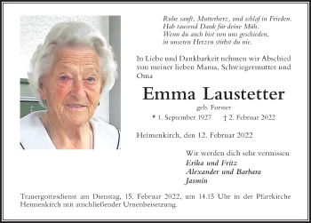Traueranzeige von Emma Laustetter von Der Westallgäuer