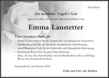 Traueranzeige von Emma Laustetter von Der Westallgäuer