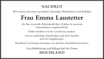 Traueranzeige von Emma Laustetter von Der Westallgäuer