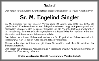 Traueranzeige von Engelind Singler von Allgäuer Zeitung, Füssen