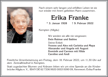 Traueranzeige von Erika Franke von Allgäuer Zeitung,Kempten