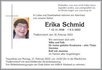 Traueranzeige von Erika Schmid von Allgäuer Anzeigeblatt