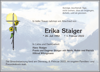 Traueranzeige von Erika Staiger von Allgäuer Anzeigeblatt