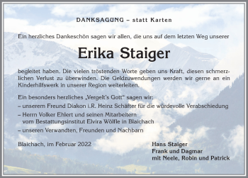 Traueranzeige von Erika Staiger von Allgäuer Anzeigeblatt