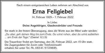 Traueranzeige von Erna Fellgiebel von Allgäuer Zeitung, Kaufbeuren/Buchloe