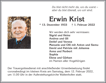 Traueranzeige von Erwin Krist von Allgäuer Zeitung,Kempten