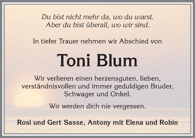  Traueranzeige für Anton Blum vom 28.01.2022 aus 