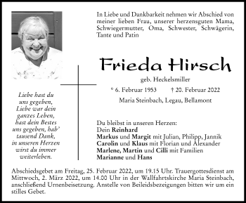 Traueranzeige von FeFrieda Hirsch von Memminger Zeitung