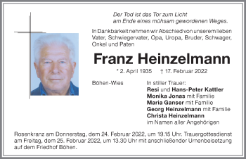 Traueranzeige von Franz Heinzelmann von Memminger Zeitung