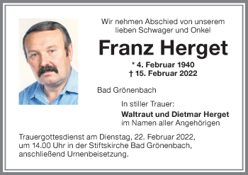 Traueranzeige von Franz Herget von Memminger Zeitung