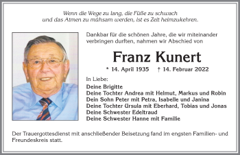Traueranzeige von Franz Kunert von Allgäuer Zeitung, Kaufbeuren/Buchloe