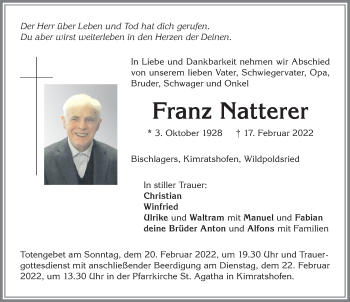 Traueranzeige von Franz Natterer von Allgäuer Zeitung,Kempten
