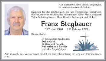 Traueranzeige von Franz Stegbauer von Allgäuer Zeitung, Marktoberdorf