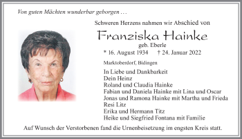 Traueranzeige von Franziska Hainke von Allgäuer Zeitung, Marktoberdorf