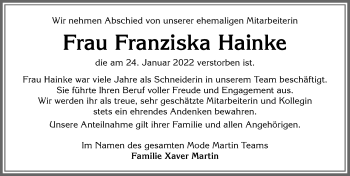 Traueranzeige von Franziska Hainke von Allgäuer Zeitung, Marktoberdorf