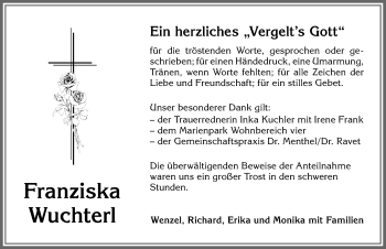 Traueranzeige von Franziska Wuchterl von Allgäuer Zeitung, Marktoberdorf