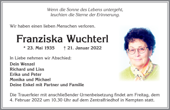 Traueranzeige von Franziska Wuchterl von Allgäuer Zeitung, Marktoberdorf