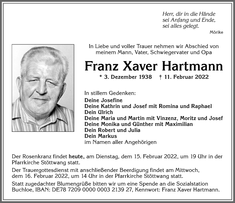  Traueranzeige für Franz Xaver Hartmann vom 15.02.2022 aus Allgäuer Zeitung, Kaufbeuren/Buchloe