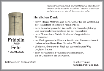 Traueranzeige von Fridolin  Fehr von Allgäuer Anzeigeblatt