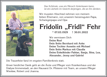 Traueranzeige von Fridolin  Fehr von Allgäuer Anzeigeblatt