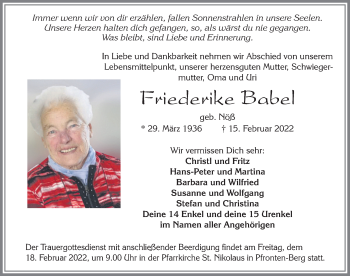 Traueranzeige von Friederike Babel von Allgäuer Zeitung, Füssen