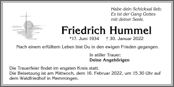 Traueranzeige von Friedrich Hummel von Memminger Zeitung