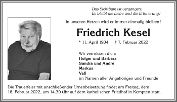 Traueranzeige von Friedrich Kesel von Allgäuer Zeitung,Kempten