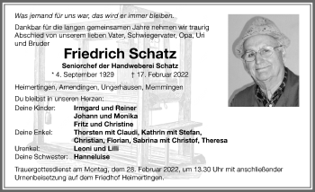 Traueranzeige von Friedrich Schatz von Memminger Zeitung