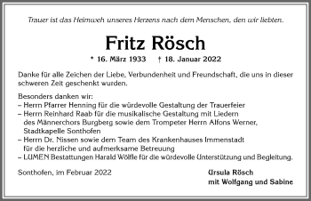 Traueranzeige von Fritz Rösch von Allgäuer Anzeigeblatt