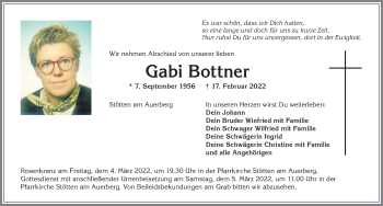 Traueranzeige von Gabi Bottner von Allgäuer Zeitung, Marktoberdorf