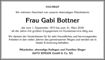 Traueranzeige von Gabi Bottner von Allgäuer Zeitung, Marktoberdorf