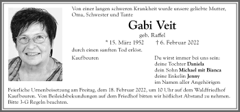 Traueranzeige von Gabi Veit von Allgäuer Zeitung, Kaufbeuren/Buchloe
