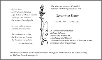 Traueranzeige von Genoveva Vetter von Memminger Zeitung