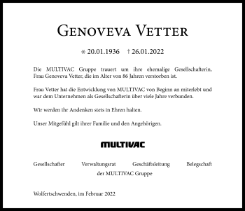 Traueranzeige von Genoveva Vetter von Allgäuer Zeitung,Kempten