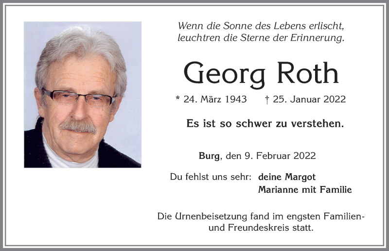  Traueranzeige für Georg Roth vom 09.02.2022 aus Allgäuer Zeitung, Marktoberdorf