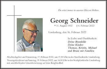 Traueranzeige von Georg Schneider von Der Westallgäuer