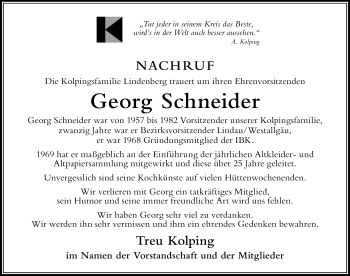 Traueranzeige von Georg Schneider von Der Westallgäuer