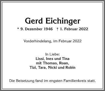 Traueranzeige von Gerd Eichinger von Allgäuer Anzeigeblatt