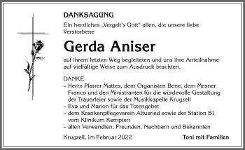 Traueranzeige von Gerda Aniser von Allgäuer Zeitung,Kempten