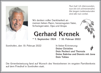 Traueranzeige von Gerhard Krenek von Allgäuer Anzeigeblatt