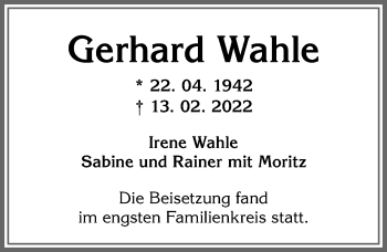 Traueranzeige von Gerhard Wahle von Allgäuer Zeitung,Kempten