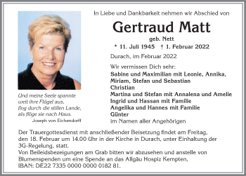 Traueranzeige von Gertraud Matt von Allgäuer Zeitung,Kempten