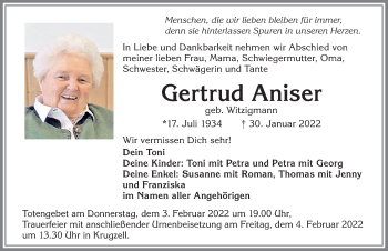 Traueranzeige von Gertrud Aniser von Allgäuer Zeitung,Kempten