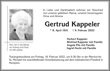 Traueranzeige von Gertrud Kappeler von Allgäuer Zeitung,Kempten